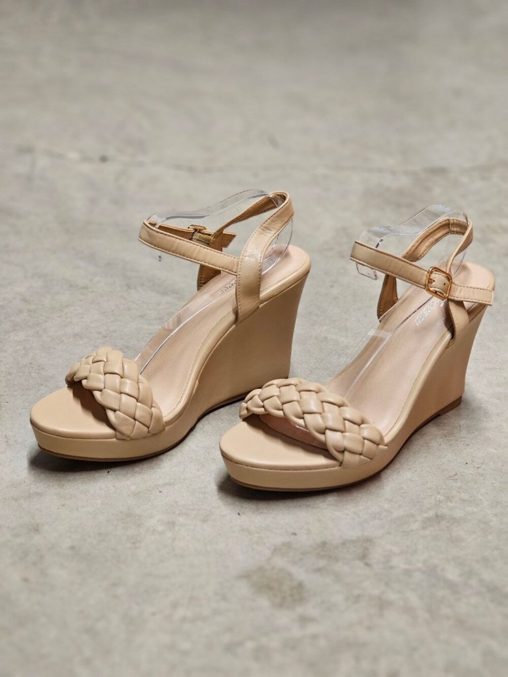 Braided Taupe Wedge Sandals With Adjustable Ankle Strap For Women